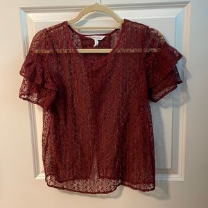BCBG sheer slit back lace top